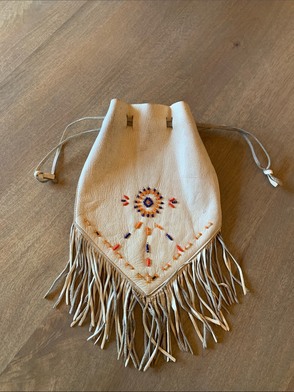 Native American Beaded Fringe Drawstring Leather Medicine pouch- Cream